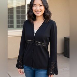 Pria black button down Cardigan with crochet sleeves size Small
